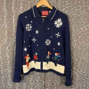 Vintage Holiday Lodge Embroidered Ski Snowflakes Full Zip Knit Sweater Women's M
